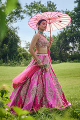 Pink Shaded Raw Silk Heavy Handworked Lehenga