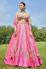 Pink Shaded Raw Silk Heavy Handworked Lehenga