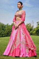 Pink Shaded Raw Silk Heavy Handworked Lehenga