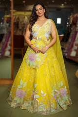 Yellow Net Floral Patch Lehenga with Sequin Beaded Work