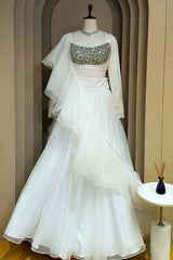Pearl White Organza Lehenga with Stone Work and Attached Dupatta
