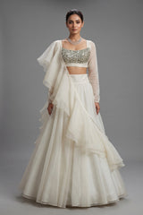 Pearl White Organza Lehenga with Stone Work and Attached Dupatta