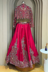 Deep Maroon Designer Handworked Raw Silk Crop Top Lehenga with Jacket