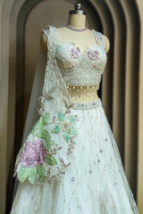 Pearl White Net Floral Patch Lehenga with Sequin Beaded Work