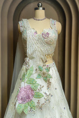 Pearl White Net Floral Patch Lehenga with Sequin Beaded Work