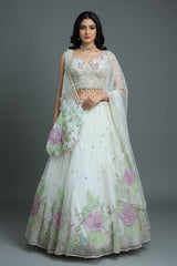 Pearl White Net Floral Patch Lehenga with Sequin Beaded Work