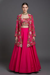 Pink Raw Silk Floral Embroidered and Beads Work Crop Top Lehenga with Jacket