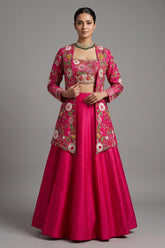 Pink Raw Silk Floral Embroidered and Beads Work Crop Top Lehenga with Jacket
