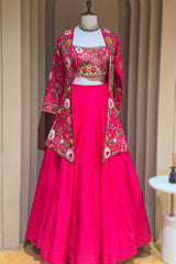 Pink Raw Silk Floral Embroidered and Beads Work Crop Top Lehenga with Jacket