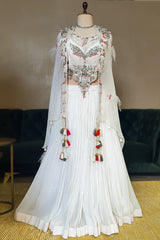 Pearl White Sequin Worked Georgette Crop Top Lehenga with Jacket