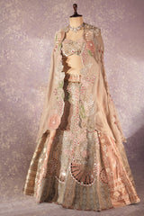 Grey Silk Designer Cutdana Beaded and Mirror Work Crop Top Lehenga with Jacket