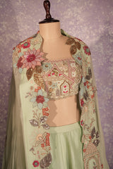 Pista Green Silk Woven Crop Top Lehenga with Handoworked Jacket