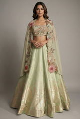 Pista Green Silk Woven Crop Top Lehenga with Handoworked Jacket