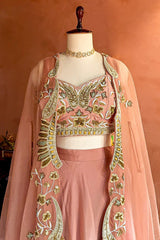 Dusty Pink Silk Crop Top Lehenga with Cutdana Beaded Worked Jacket