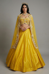 Yellow Raw Silk Beaded Crop Top Lehenga with Shrug