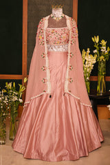 Dusty Pink Raw Silk Beaded Crop Top Lehenga with Shrug