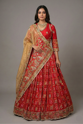 Red Gaji Silk Gharchola Lehenga with Applique and Embroidery Work Lehenga