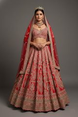 Red Tissue Designer Zardosi and Pearl Worked Lehenga