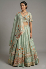 Aqua Green Tissue Designer Bead and Multi Thread Floral Work Lehenga