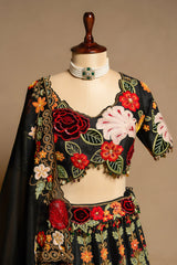Black Raw Silk Floral Embroidered and Sequin Beaded Worked Lehenga