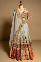 Light Grey Organza Floral Embroidered and Sequin Worked Lehenga