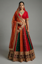Multi Colored Matka Silk Designer Bridal Lehenga with Double Dupatta
