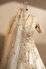 Pearl White Raw Silk Designer Zardosi Worked Lehenga with Double Dupatta