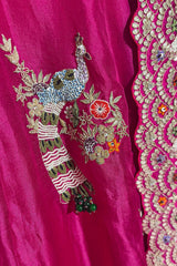 Pink Organza Lehenga with Beads and Zardosi Worked Peacock Motif Butta
