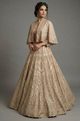 Light Peach Organza Cutdana Worked Crop Top Lehenga with Cape Jacket