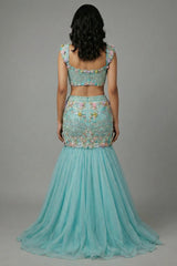 Mint Blue Net Designer Sequinned and Beaded Work Fish Cut Lehenga