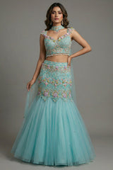 Mint Blue Net Designer Sequinned and Beaded Work Fish Cut Lehenga