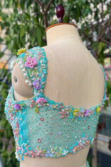 Mint Blue Net Designer Sequinned and Beaded Work Fish Cut Lehenga