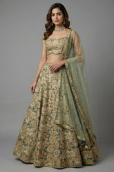 Green Tissue Organza Floral Printed Lehenga with Cutdana Sequin Work
