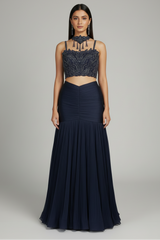 Dark Blue Fishcut Lehenga with Blouse and Choker Dupatta