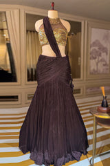 Brown Pleated Fish-Cut Lehenga with Gold Sequin Choli