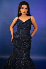 Blue Net Sequinned and Cutdana Worked Fish Cut Lehenga with Corset