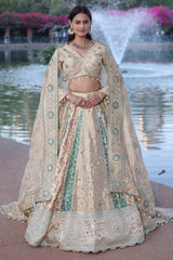 Cream and Green Tissue Mirror and Bead Work Lehenga