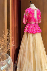 Champagne Beige Tissue Lehenga with Dramatic Tasselled Bandhej Crop Top Set