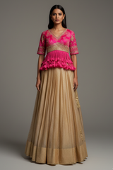 Champagne Beige Tissue Lehenga with Dramatic Tasselled Bandhej Crop Top Set