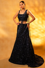 Midnight Blue Net Sequinned Draped Fishtail Lehenga