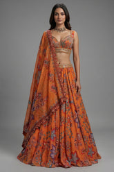 Orange Organza Floral Printed Lehenga Set with Sequin and Cutdana Work