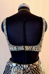 Black and Golden Banarasi Brocade Silk Crop Top Lehenga with Jacket