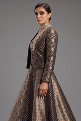 Black and Golden Banarasi Brocade Silk Crop Top Lehenga with Jacket