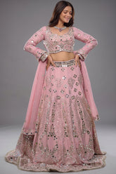 Lilac Pink Tissue Silk Lehenga Ensemble with Scalloped Full-Sleeve Mirror Blouse and Organza Dupatta