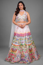 Ivory Crepe and Multi Colored Silk Floral Print Sequin Lehenga with Cutdana Net Choker Dupatta and Illusion Tie-Back