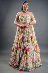 Ivory Floral Printed Crepe Lehenga with Structured Strapless Corset Bustier