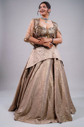 Metallic Taupe Fusion Lehenga Set featuring Cutdana Bodice and Sheer Embroidered Cape