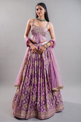 Lavender Purple Tissue Silk Lehenga featuring Cutdana Embroidered Corset Blouse