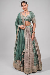 Olive Green Multi-Tonal Chinon Lehenga featuring Sequin-Highlight Pleated Skirt