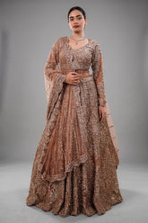 Rose Gold Beige Net Lehenga with Heavily Handcrafted Work